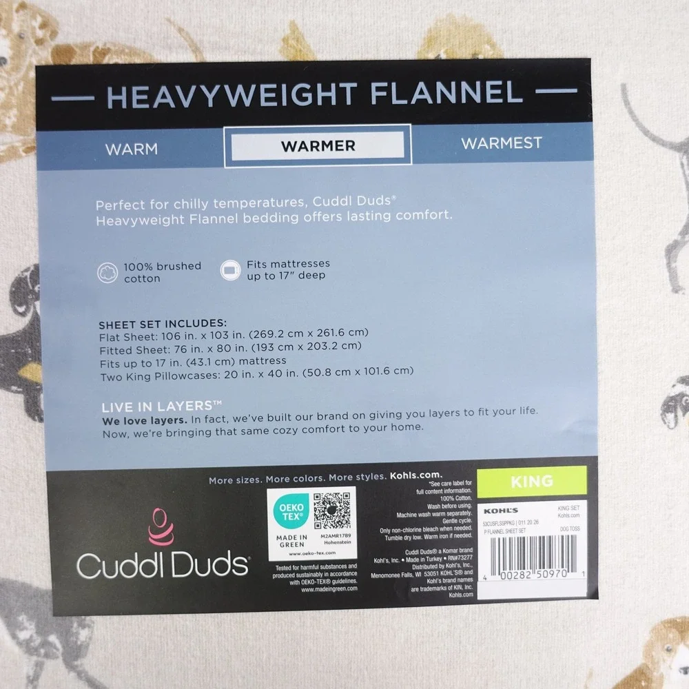 Cuddl Duds King Sheet Set Heavyweight Flannel Dog Toss 100% Cotton 4pc New
